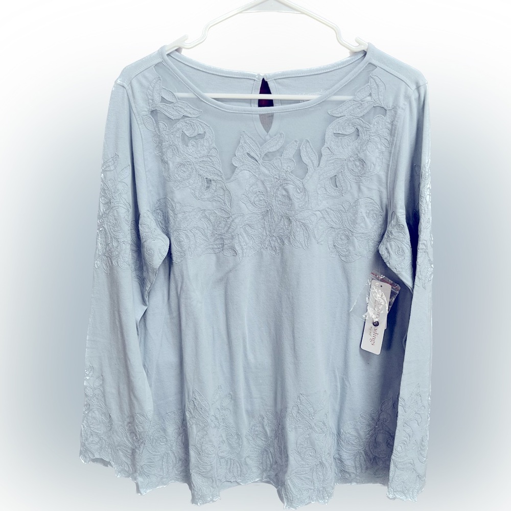 Soft Surroundings Blue Fog Embroidered Winter Garden Tee